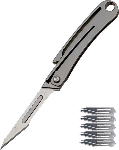 Titanium Keychain Knife & 10 Replaceable Razor Blades, Mini Folding Scalpel Pocket Knife Box Cutter Hobby Knife...