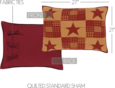 VHC Brands Ninepatch Star Hand Quilted Bedroom Decor, Standard Sham, Red, 21x27...