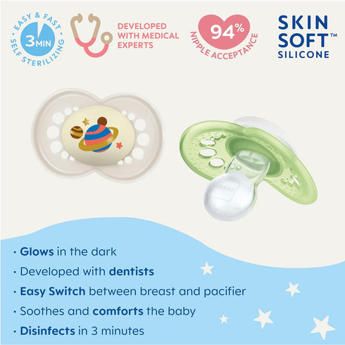 MAM Original Night Pacifiers, Binky Pacifier for 6-16 Months, BPA-Free Silicone, Glows in The Dark, Best for Newborn Babies, Developed with Medica...