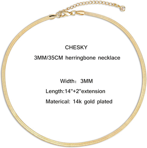 CHESKY 14K Gold Plated Snake Chain Necklace Gold Herringbone Necklace for Women Minimalist Necklace Chain 3MM(W) 14"(L)...