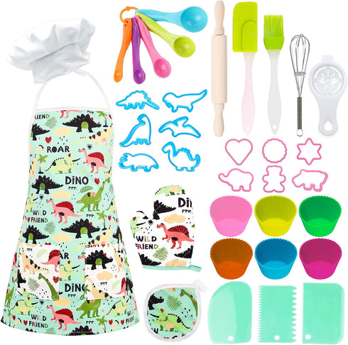 TEUVO Kids Baking Chef Set 35 Pcs with Dinosaur Apron and Mitt, Cooking Chef Dress Up Role Play Kitchen Toys Set for Kids Aged 3 4 5 6 7 8...