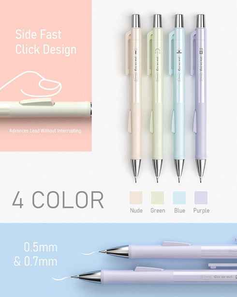 Nicpro 4 PCS Pastel Mechanical Pencil 0.7mm, Cute Fast Click Mechanical Pencils Set with 8 Tubes HB Lead Refills, Erasers, Eraser Refills for Scho...