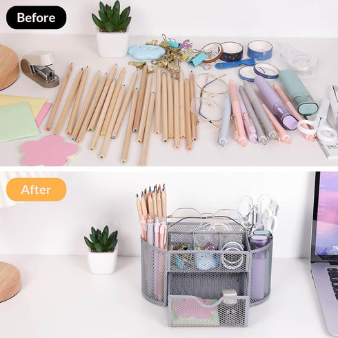Desk Organizer and Accessories, Grey Desk Organizer with Drawer, Desktop Mesh Pencil Pen Holder with 8 Compartments for Office, Home, School, Clas...