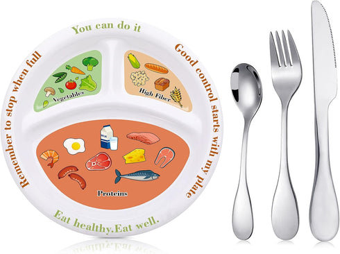 4 Pieces Bariatric Portion Control Plate Stainless Steel Silverware Flatware Set Tableware Cutlery Set Melamine Bariatric Plate Diet Plate for Bal...