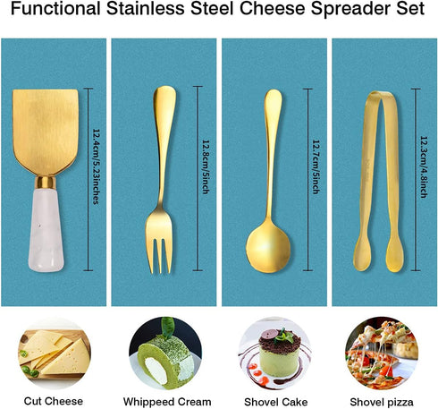 Funland 14 PCs Gold Cheese Knife Set, Marble Cheese Spreaders Knife Butter Slicer with Mini Serving Tongs Spoons and Fruit Forks for Charcuterie B...