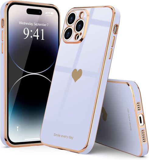 Teageo for iPhone 14 Pro Case for Women Girl Cute Love Heart Luxury Plating Soft Bling Back Cover Raised Full Camera Protection Bumper Silicone Sh...