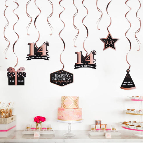 LINGTEER Happy 14th Birthday Decorations - 12 Pcs Birthday Black & Rose Gold Foil Swirls Streamer Set,Cheers to Fourteen Years Old Bday Party Gift...