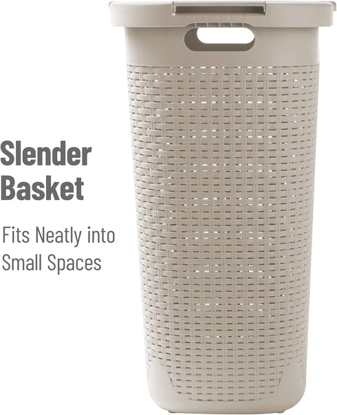 Mind Reader Slim Laundry Hamper with Lid, 60L Clothes Basket, Wicker Design, Plastic, 17.65"L x 13.75"W x 24.15"H, Ivory...
