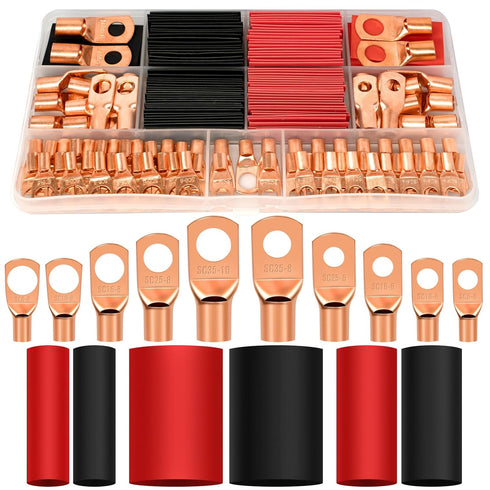 174Pcs Copper Wire Lugs, Terminal Connectors AWG12 10 8 6 4 2 with Heat Shrink Set, 84Pcs Battery Cable Ends Ring Terminal Connectors and 90Pcs He...