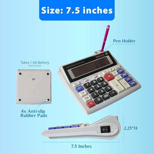 Lily's Home Large Desktop Calculator with Built-in Pen and Pencil Holder. 12-Digit Large Display, Dual Power Battery and Solar - Ideal for School ...