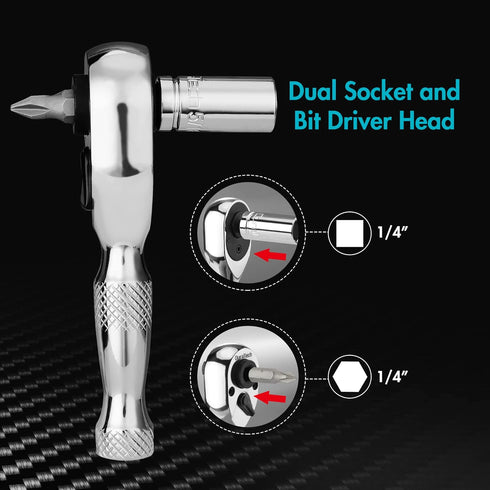 DURATECH 1/4-Inch Stubby Ratchet Wrench, Socket&Bit Driver, 72-Tooth, Chrome Alloy Made, Chrome Plated Finish...