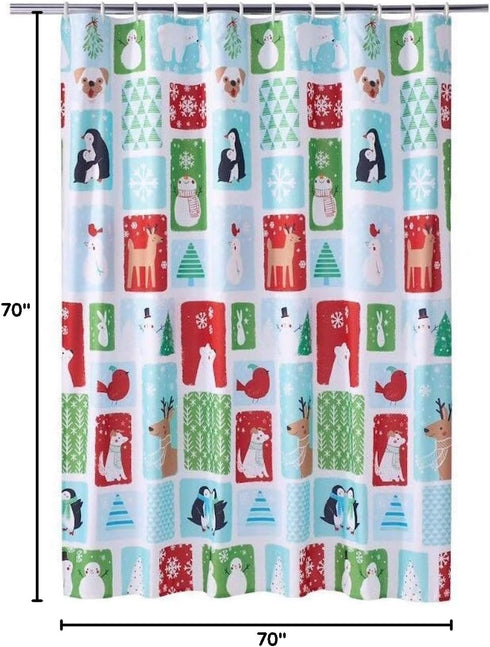 Christmas Holiday Cheer Fabric Shower Curtain, Winter Theme with Snowmen Penguins Polar Bears Deer 70x70 inch...