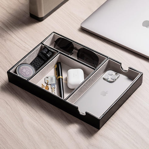Mens Valet Tray for Nightstand Bedside and Entry Table Faux Leather Catchall Tray for Phone,Watch,Glasses,Wallet,Jewelry and Keys Dresser Organize...