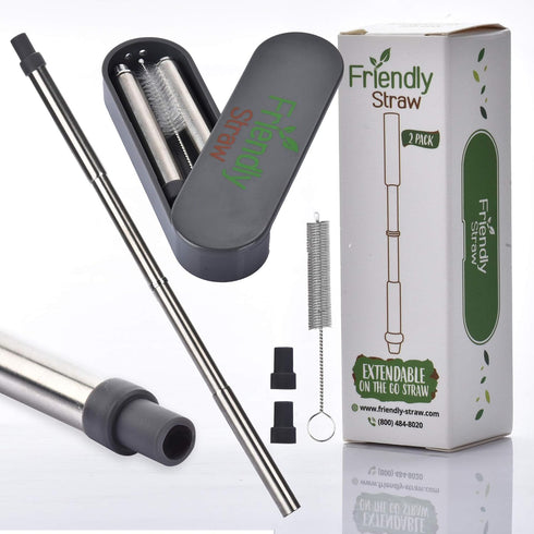 Friendly Straw Collapsible Straws Reusable with Case - Telescopic Travel Straw with Silicone Mouthpiece, Case and Cleaning Brush (2 Pack)...