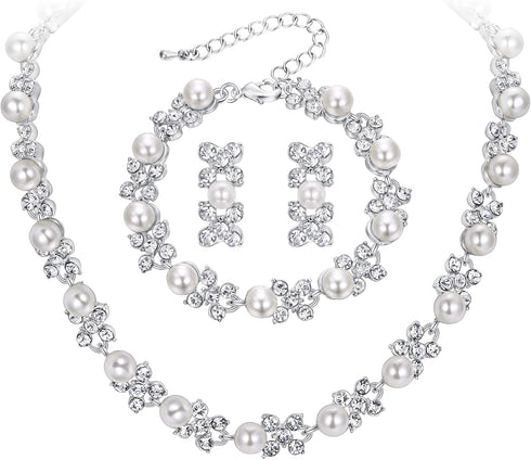BriLove Wedding Bridal Simulated Pearl Necklace Bracelet Earrings Jewelry Set for Women Crystal Flower Collar Tennis Drop Clear Silver-Tone...