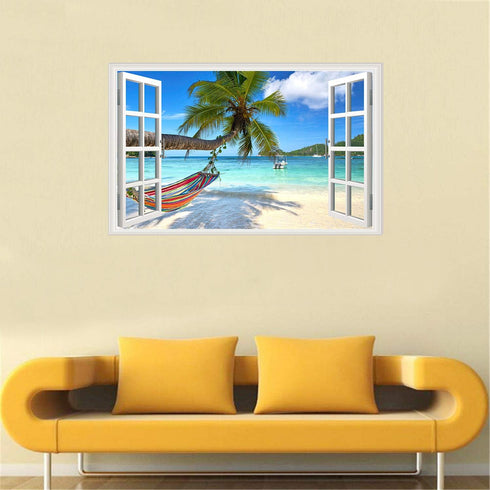 Beach Seascape Window Wall Sticker Palm Tree and Hammock Fake Window Wall Decals Removable Tropical Sea Window View Wall Stickers Decal for Living...