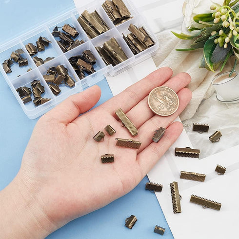 PH PandaHall 100Pcs Assorted Sizes of Antique Bronze Ribbon Clamp End Crimps Bracelet Bookmark Leather Pinch Crimps Sets Size 8-25x6-8x5mm in Box ...