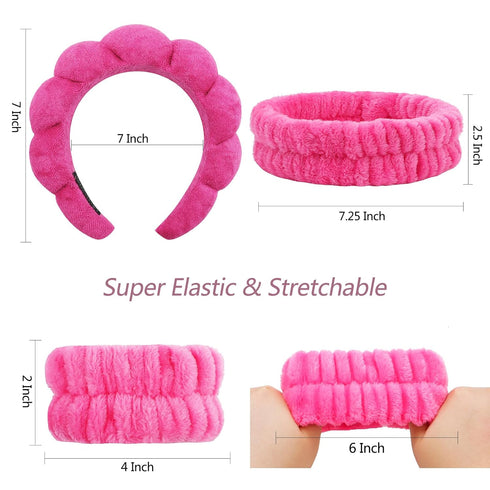 VELSCRUN 6 Pcs Rose Pink Bubble Puffy Sponge Spa Headband Wristband Set, Spa Headbands for Wash Face, Makeup Headband, Facial Skincare Headbands W...