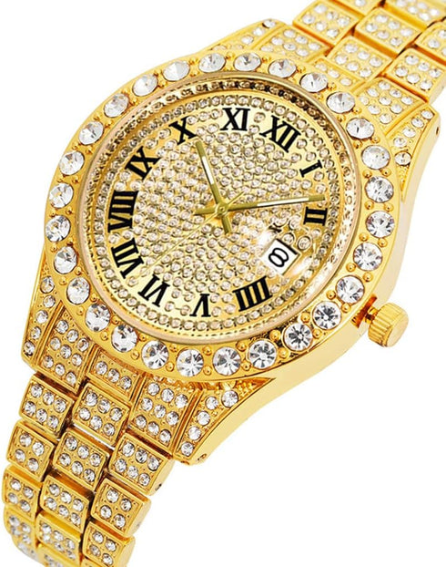 Mens Ice Out Watches Big Rocks with Roman Numerals Fully Colorful Dial Gold Watch...