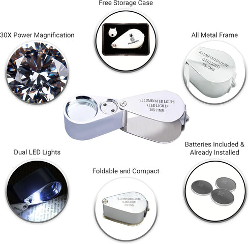 Pineapple 30X Jewelers Loupe Magnifier with Light, Jewelry Eye Loop Lighted Pocket Magnifying Glass for Coins, Diamonds, Gems, Plants (Metal)...