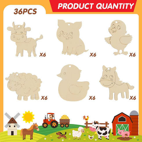 36 Pcs Wooden Farm Animals Cutouts Unfinished Wood Cutouts to Paint Wood Animal Cutouts Crafts Farm Animals Party Supplies for Kids School Classro...