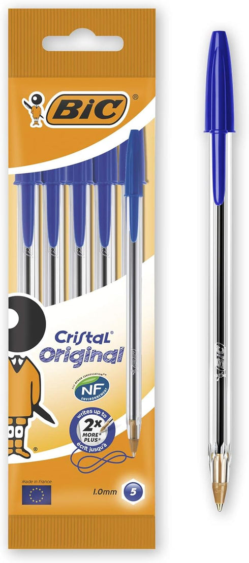 BIC Cristal Original Ballpoint Pens Medium Point (1.0 mm) – Blue, Pouch of 5...