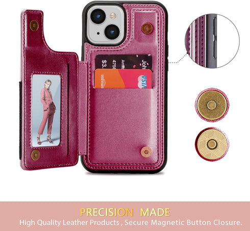 iPhone 15 Plus Wallet Case Faux Leather Magnetic Clasp Phone Cover with Card Holder for iPhone 15 Plus (6.7-Inch), Red......