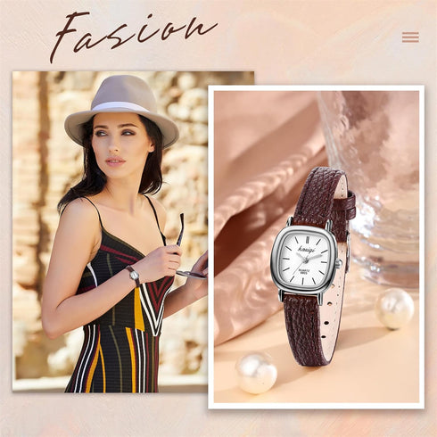 JewelryWe Women Leather Watches Small Square Analog Quartz Watch Simple Elegant Casual Dress Watch...