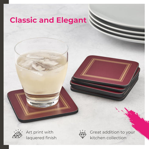 Pimpernel Classic Burgundy Drink Coasters Set of 6 - Heat & Stain Resistant Square Coasters with Non-Slip Cork Backing for Hot and Cold Beverages ...