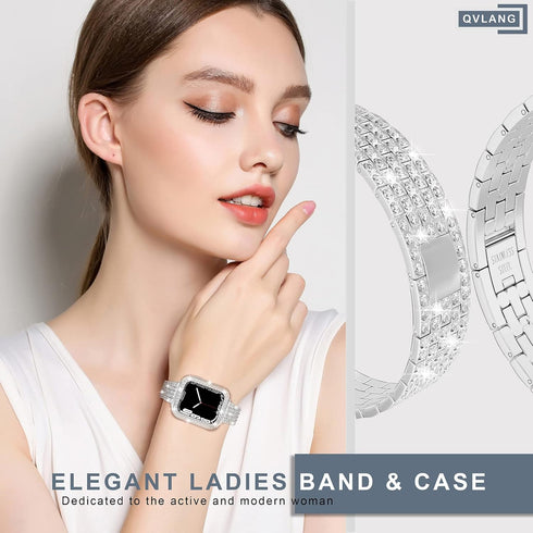 QVLANG Compatible with Apple Watch Band Series 9 8 7 45mm, Bling Series Band for Women + Diamond Rhinestone Case, Stainless Steel Metal Bracelet S...