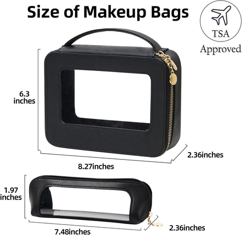 Clear Makeup Bag with Makeup Brush Bag,Double Sided Clear Toiletry Bag for Women,Portable Travel Cosmetic Bag,Makeup Case with Zipper,Leather Make...