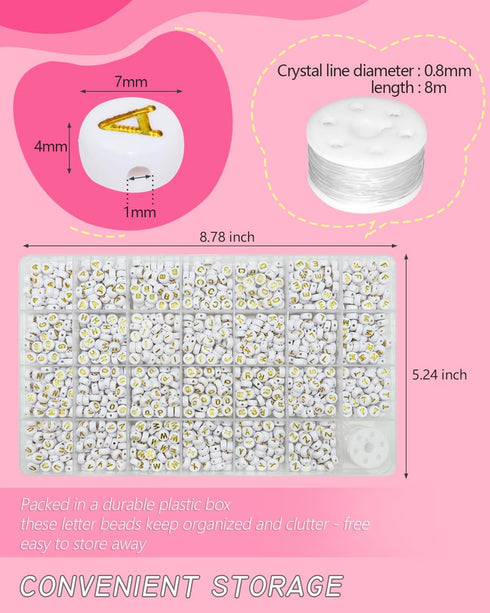 Looconi 1400pcs Letter Beads A-Z 4x7mm White On Gold Round Acrylic Alphabet Heart Beads and Beading Cord for Jewelry Making Bracelets Necklaces Ke...