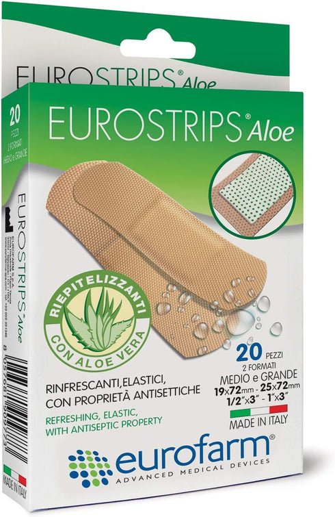 Eurostrips Aloe Adhesive Bandages Medium (3/4 x 2 7/8 in) & Large (1 x 2 7/8 in) with Aloe Vera Central Pad, Breathable and Hypoallergenic, Ideal ...