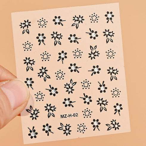 30 Sheets Black Flower Nail Stickers 3D Adhesive Nail Floral Stickers Black Multi-Design Flower Nail Decals for Floral Nail Supplies Nail Art Desi...