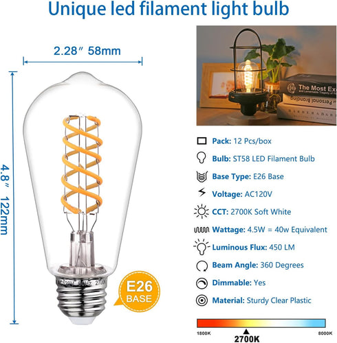 Dimmable ST58 LED Edison Bulbs, 4.5W Equivalent to 40W Vintage Light Bulbs, E26 Base 2700K ST58/ST19 LED Bulbs, Antique Flexible Spiral LED Filame...