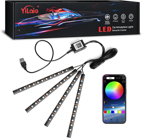 YiLaie Car Lights Interior, Multicolor Music Car Strip Light Under Dash Lighting Kit with App Control, USB Neon Interior Lights for Ambient Lighti...