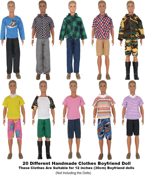 32Pcs Doll Clothes and Accessories for 12 Inch Boy Dolls Include 20 Different Wear Clothes Shirt Jeans Beach Shorts 4 Pairs of Shoes, Glasses, Ear...