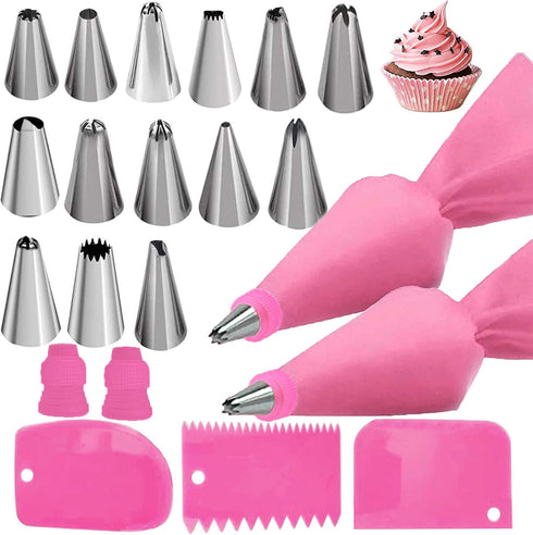 Silicone Icing Piping Bag,Reusable Cream Pastry Bag and 14× Stainless Steel Nozzle Set DIY Cake Decorating Tool(14×Nozzle, 2×Icing Cream Pastry Ba...