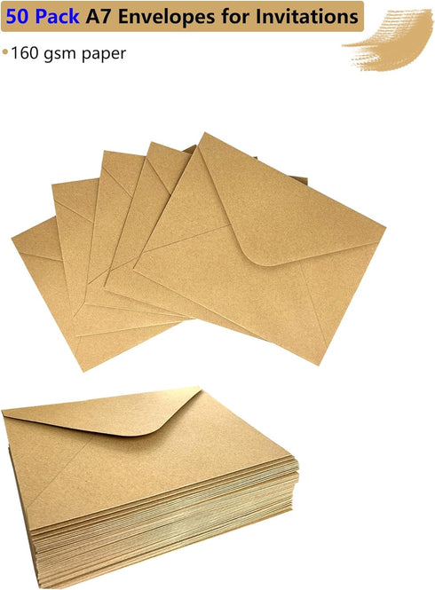 50 Pcs A7 Envelopes for Invitations, 5.25 x 7.25 Inches Kraft Envelopes for 5 x 7 Cards, Wedding, Baby Shower, Greeting, Graduation, Birthday Part...