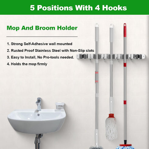 voze 5 Racks and 4 Hooks Mop and Broom Holder Wall Mount, Self Adhesive Heavy Duty Broom Organizer Storage Tool Racks for Kitchen Garden Laundry G...