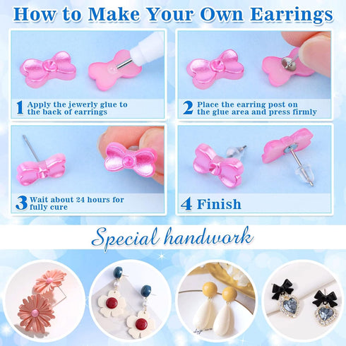 Jewelry Glue with Earring Posts,1002Pcs Stainless Steel Earring Posts with Butterfly and Rubber Earring Backs, Hypoallergenic Stud Earring Posts w...