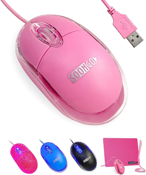 SOON GO Pink Mouse,Computer Mouse,with 1.5m Pink USB Cable - Compatible with Windows, Linux, Mac, Laptop, PC & Desktop - Ideal for Office, Home, B...