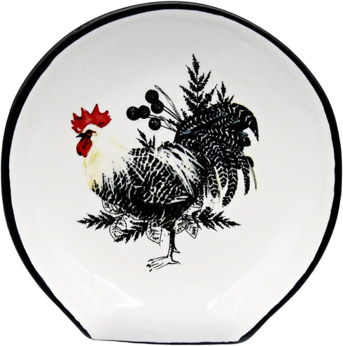 Rooster Spoon Rest - Farmhouse Rooster Kitchen Decor, 5'' Ceramic Large Spoon Rest for Stove Top, Cooking Utensil Holder Spoon Holder Red Black Ru...