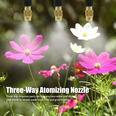 3-Way Atomizing Nozzle with Drip Irrigation Connector Irrigation Nozzle for 1/4-inch Drip Tubing Brass Misting Nozzles Tees for Gardens, Irrigatio...