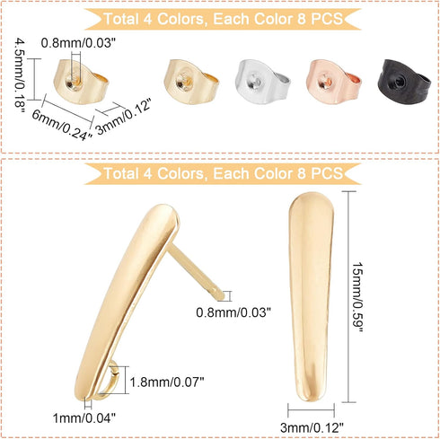 PH PandaHall Stud Earring with Loop, 32pcs(16 Pairs) 4 Colors 304 Stainless Steel Earring Post Ear Studs Findings with 32pcs Butterfly Ear Nuts fo...