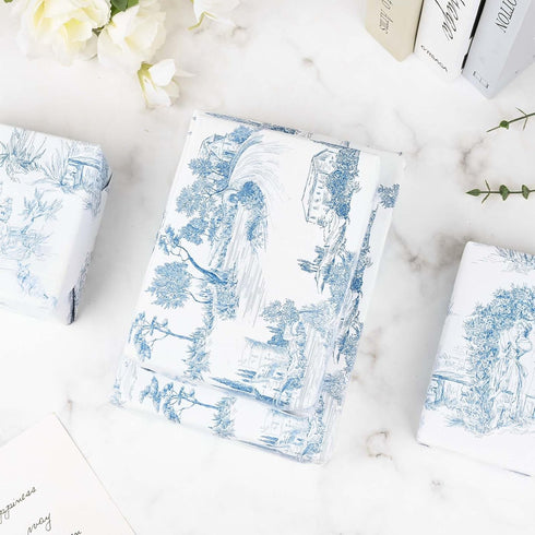 Bolsome 12Pcs French Style Wrapping Paper Blue White Vintage Village Printed Gift Wrap Paper Rustic French Toile Gift Wrap Paper for Wedding Brida...