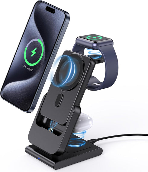 3 in 1 Magnetic Portable Wireless Charging Station for iPhone 15 Pro Max/14/13/12, Mag-Safe Charger Stand with 5000mAh Wireless Charger, Magnetic ...