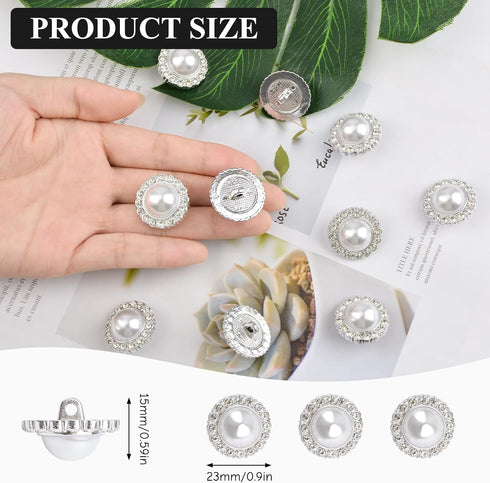 30 Pcs Faux Pearl Buttons with Rhinestone, Silver Retro Vintage Pearl Acrylic Buttons Round Crystal Buttons Sew on Buttons Embellishments for DIY ...