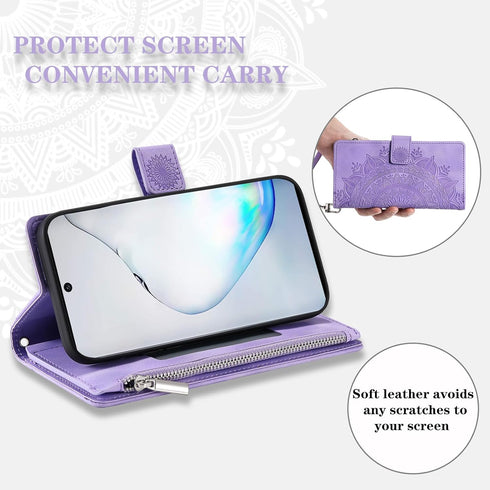 Asuwish Phone Case for Samsung Galaxy Note 10 5G Wallet Cover with Tempered Glass Screen Protector Wrist Strap Mandala Flower Flip Zipper Card Hol...