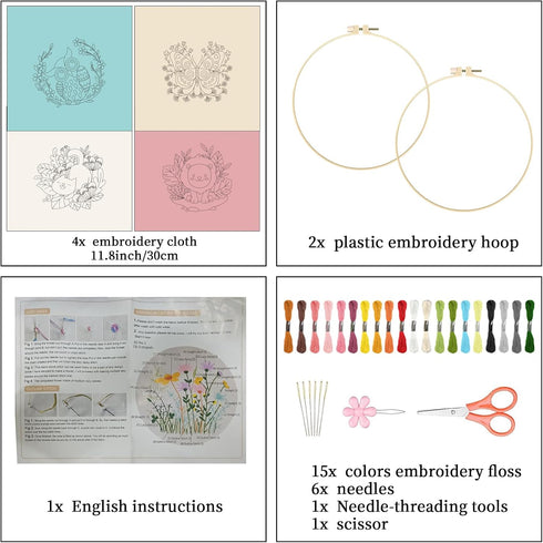 ORIGACH 4 Pack Animals Embroidery Kits for Beginners, DIY Starter Hand Embroidery Kit with Cartoon Owl Butterfly Cat Lion Patterns and Instruction...